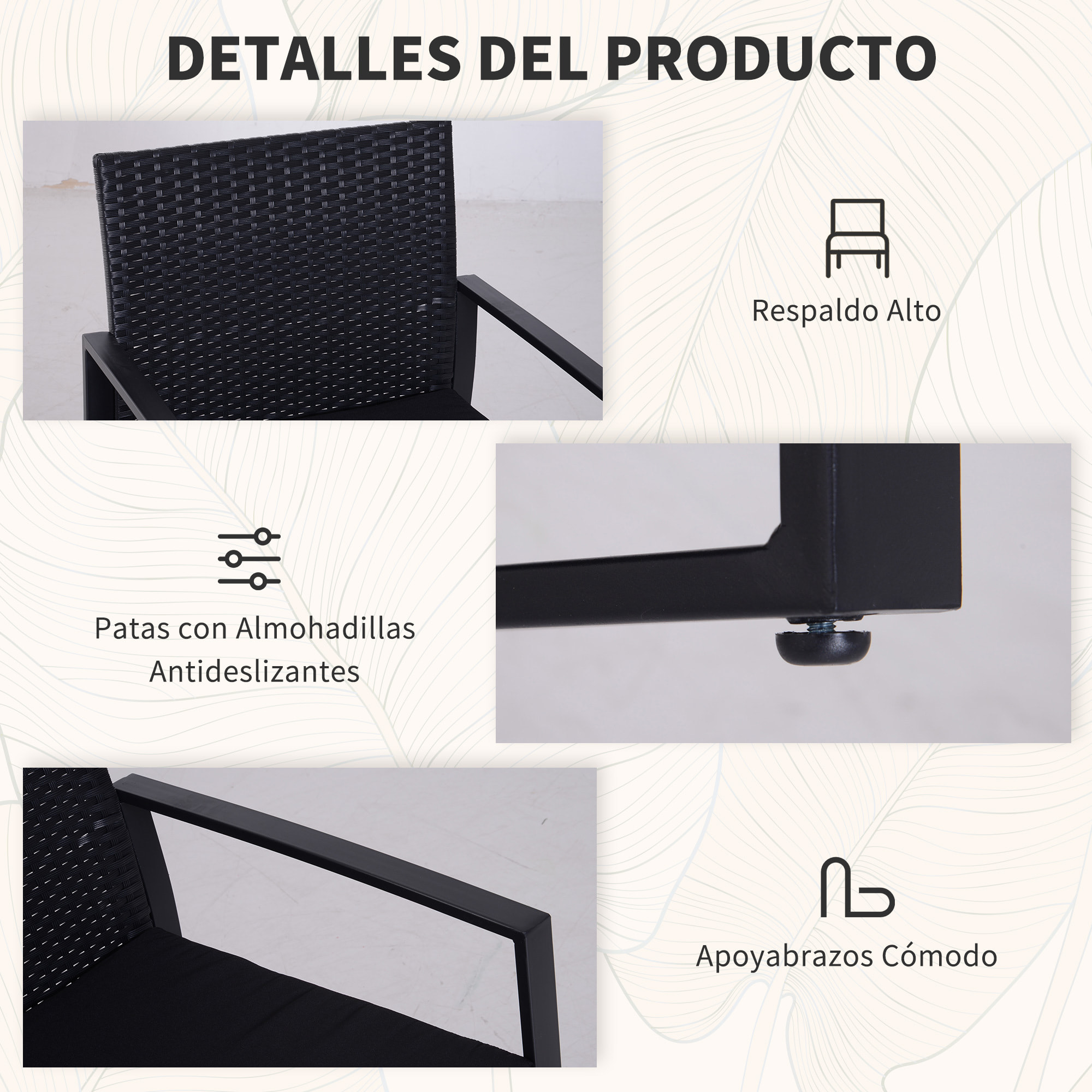 Conjunto Mesa+4 Sofás+2 Taburetes de Acero y Ratán Negro