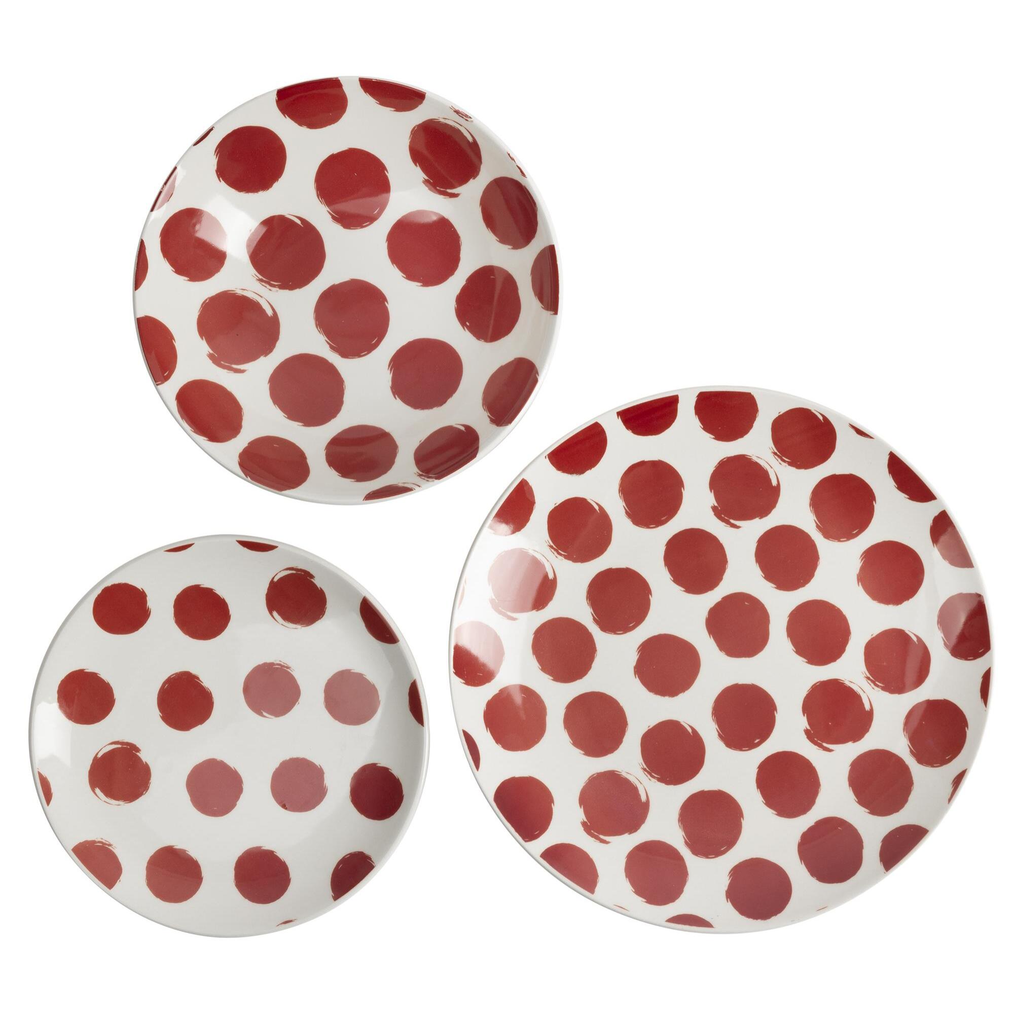 Set de vajilla de 12 piezas de gres con lunares rojos (4 platos llanos 27 cm, 4 platos hondos 21 cm y 4 platos de postre 19 cm) – Dots La Maison