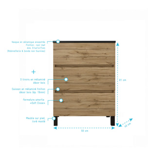 Pack Meuble Salle de Bains 50cm Chêne Naturel 3 Tiroirs avec Vasque Céramique Noire - TIMBER