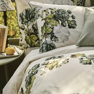 Taie d'oreiller percale de coton lavé imprimé vert ecru Giardino naturel
