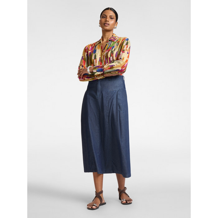 Elena Mirò - Falda longuette en Chambray línea A - Azul