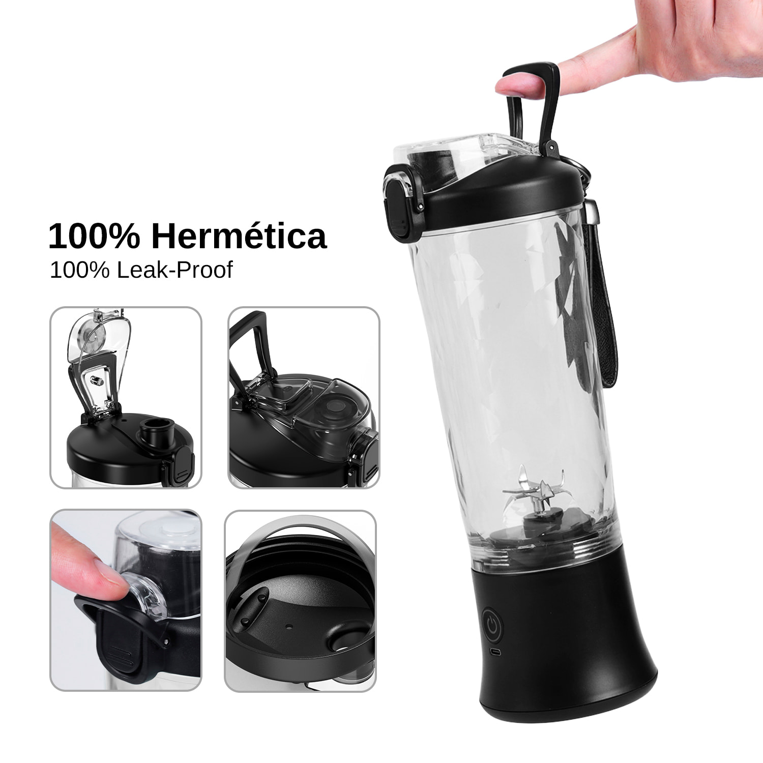 Batidora portátil A9 de 600 ml con 6 cuchillas de acero inoxidable y luz LED multicolor. Con batería recargable de 4000mAh, perfecta para preparar bebidas en cualquier lugar.