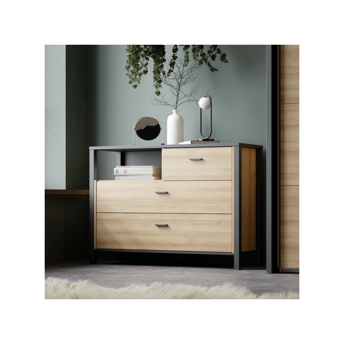 Commode bois effet chêne et noir 3 tiroirs - MIAMI