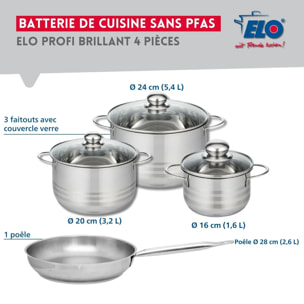 Ensemble de 1 Poêle de cuisson 28 cm et 3 faitouts 16, 20 et 24 cm Elo Profi Brillant