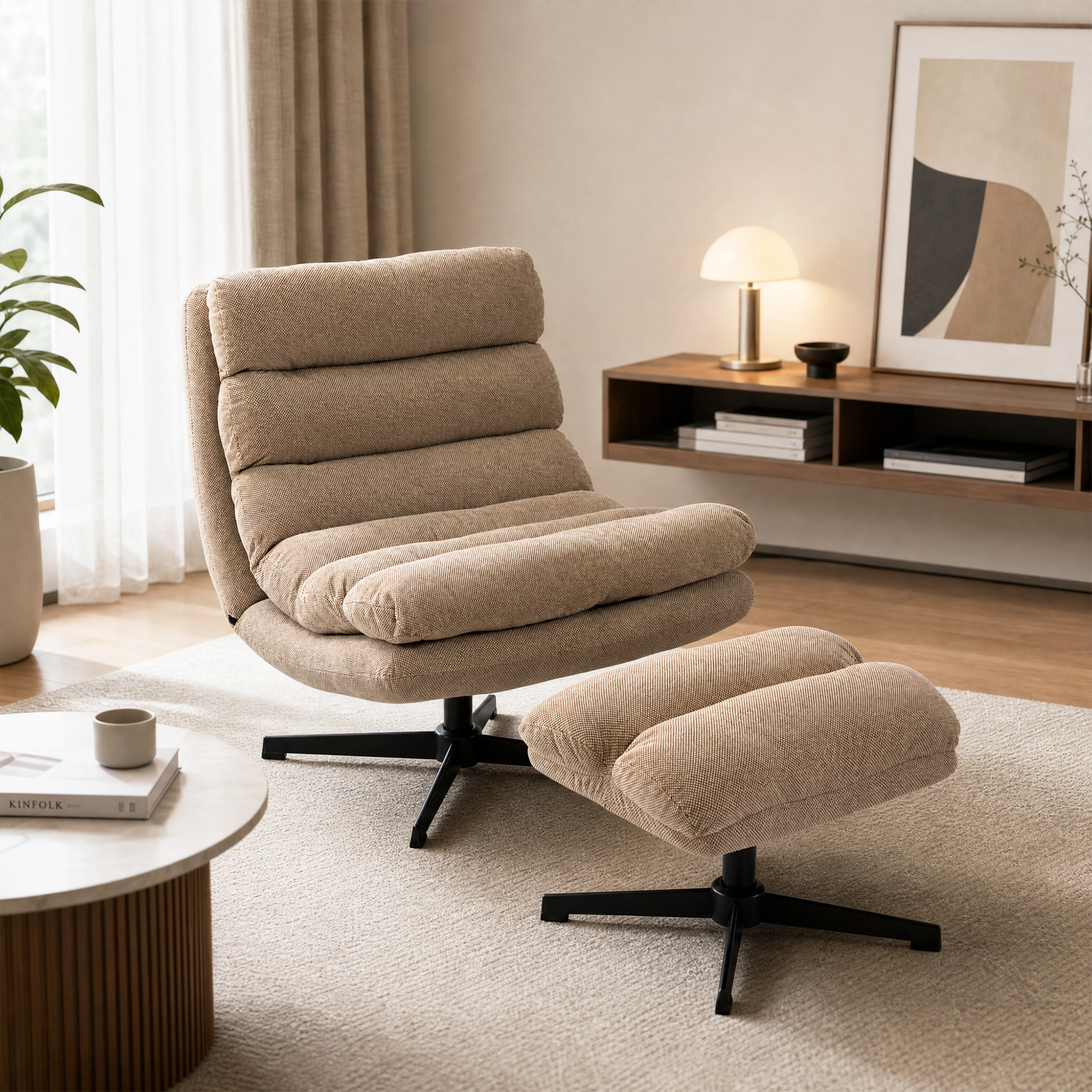 Fauteuil de salon et repose-pieds style rétro matelassé tissu toucher lin marron