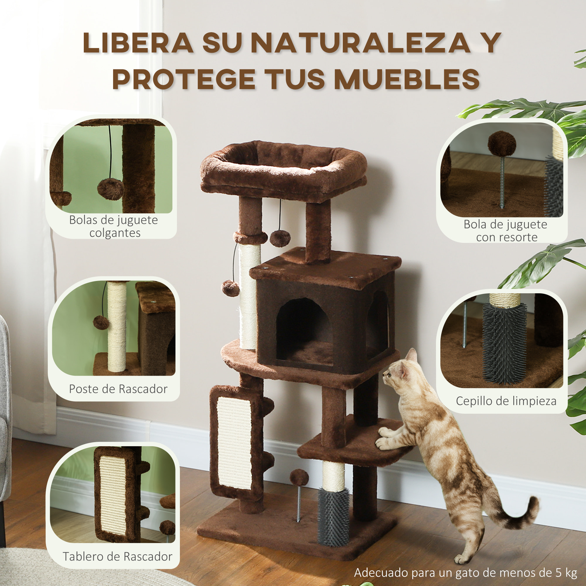 Árbol Rascador para Gatos Altura 104 cm Árbol para Gatos Torre para Gatos con Plataformas Poste con Cepillo Bolas Colgantes y Almohadilla para Rascar Marrón
