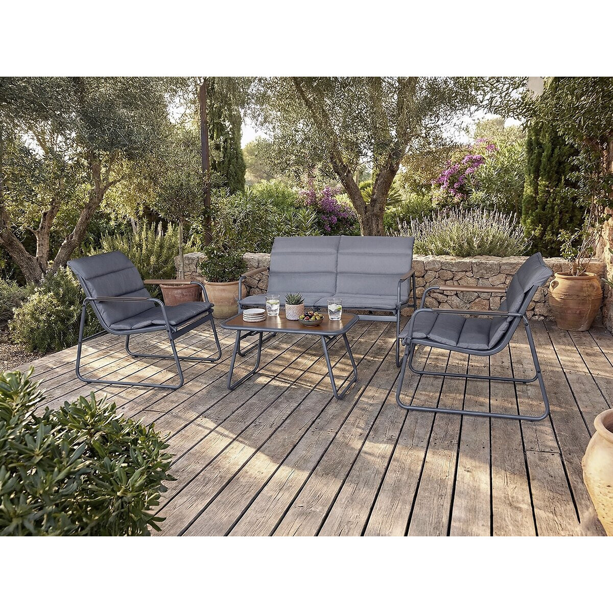 Salon de jardin avec coussins en métal "Bastia" - 4 places - Gris