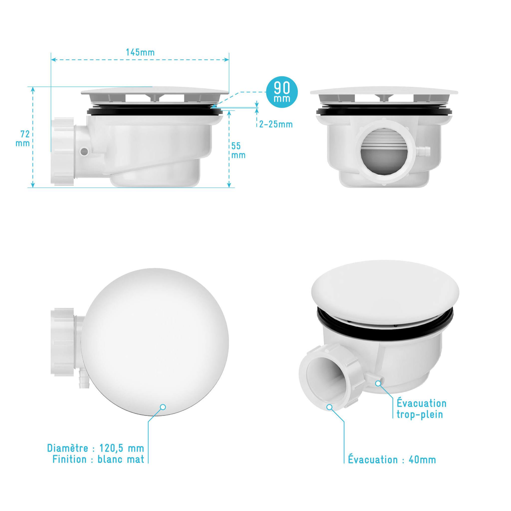 Bonde de Receveur Diamètre 90 mm - Capot blanc mat - Evacuation Horizontale