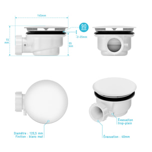 Bonde de Receveur Diamètre 90 mm - Capot blanc mat - Evacuation Horizontale