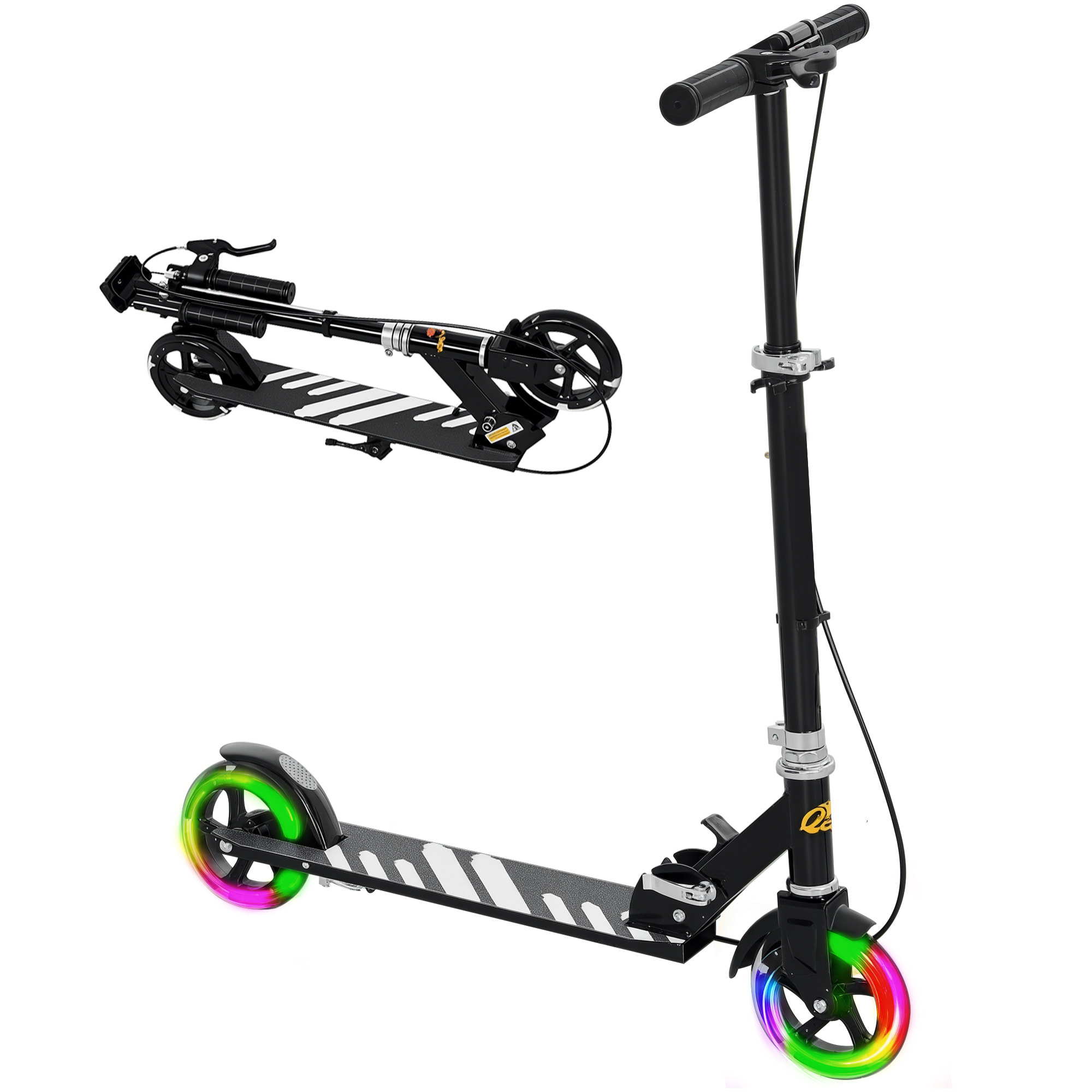 Patinete Plegable para Niños de 3-8 Años, Patinete Infantil de 2 Ruedas con LED Luces, Manillar de 4 Altura Ajustable, Freno Posterior y de Mano, Negro