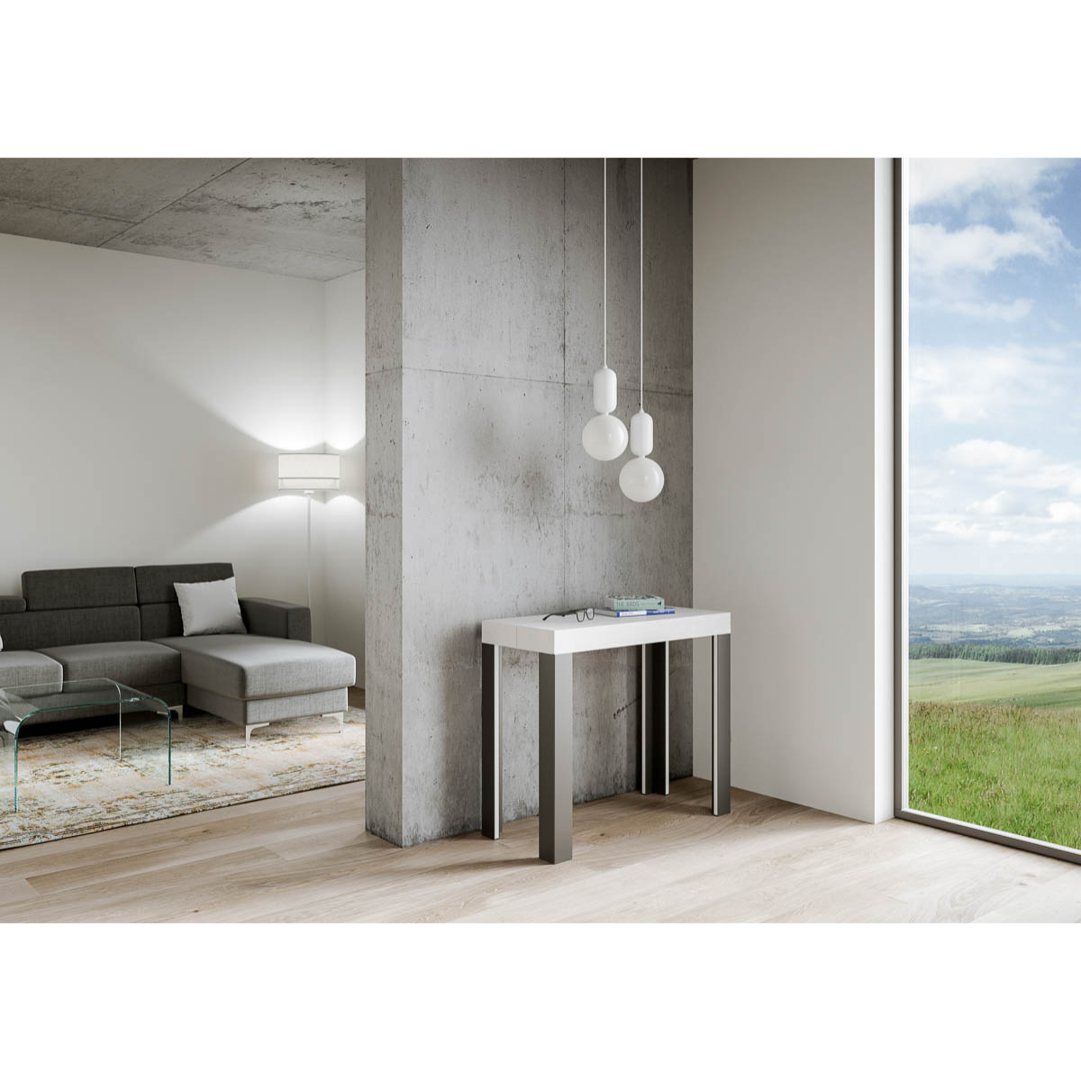 Consola extensible 90x40/300 cm Linea Fresno Blanco estructura Antracita