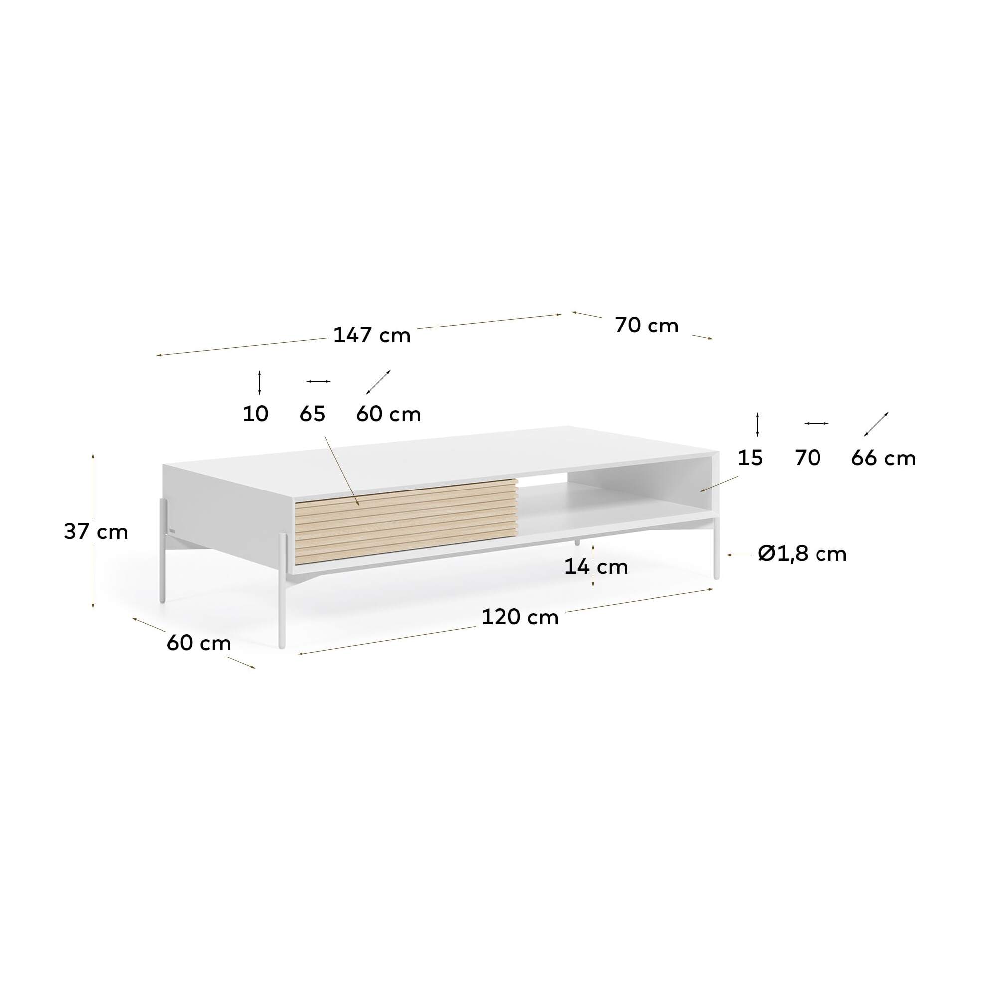 Kave Home - Tavolino Marielle in legno di frassino laccato di bianco 124 x 70 cm