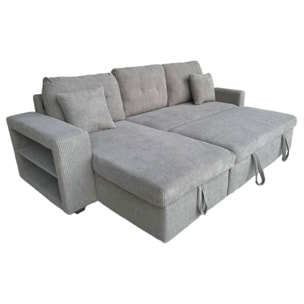 SAN DIEGO Canapé d'angle convertible 4 places avec coffre en velours côtelé gris
