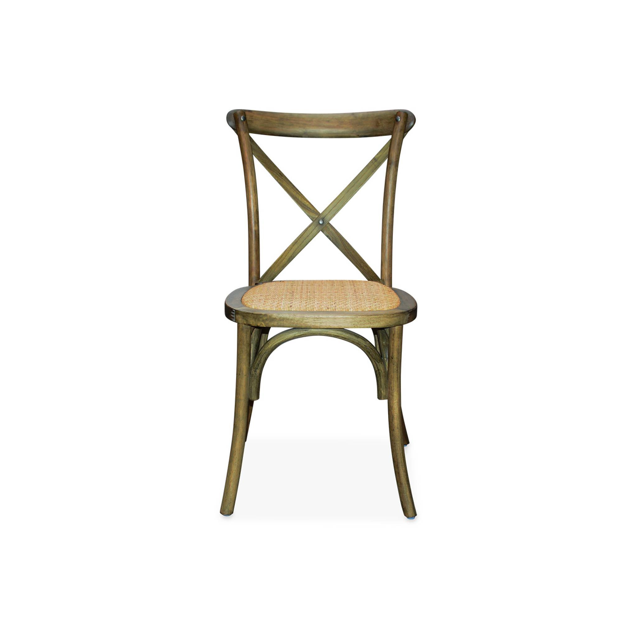 Lot de 4 chaises de bistrot en bois d'hévéa marron vieilli. vintage. assise en rotin. empilables