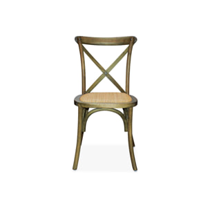 Lot de 4 chaises de bistrot en bois d'hévéa marron vieilli. vintage. assise en rotin. empilables