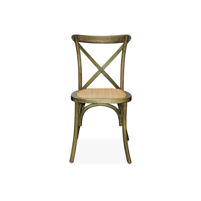Lot de 4 chaises de bistrot en bois d'hévéa marron vieilli. vintage. assise en rotin. empilables