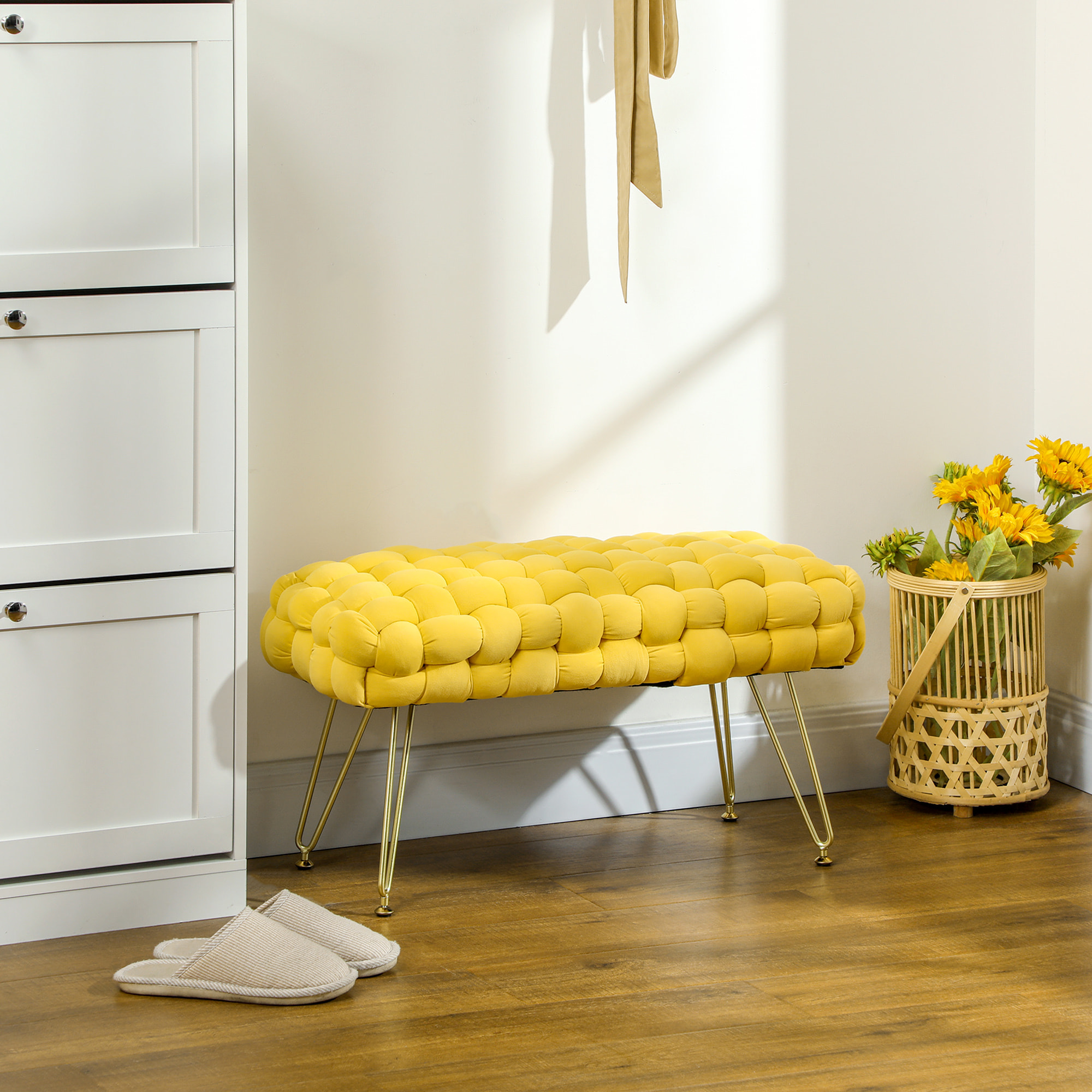 Banco Pie de Cama Tapizado en Terciopelo Banco Otomano Pie de Cama con Patas Doradas y Asiento Acolchado para Dormitorio Entradas Amarillo