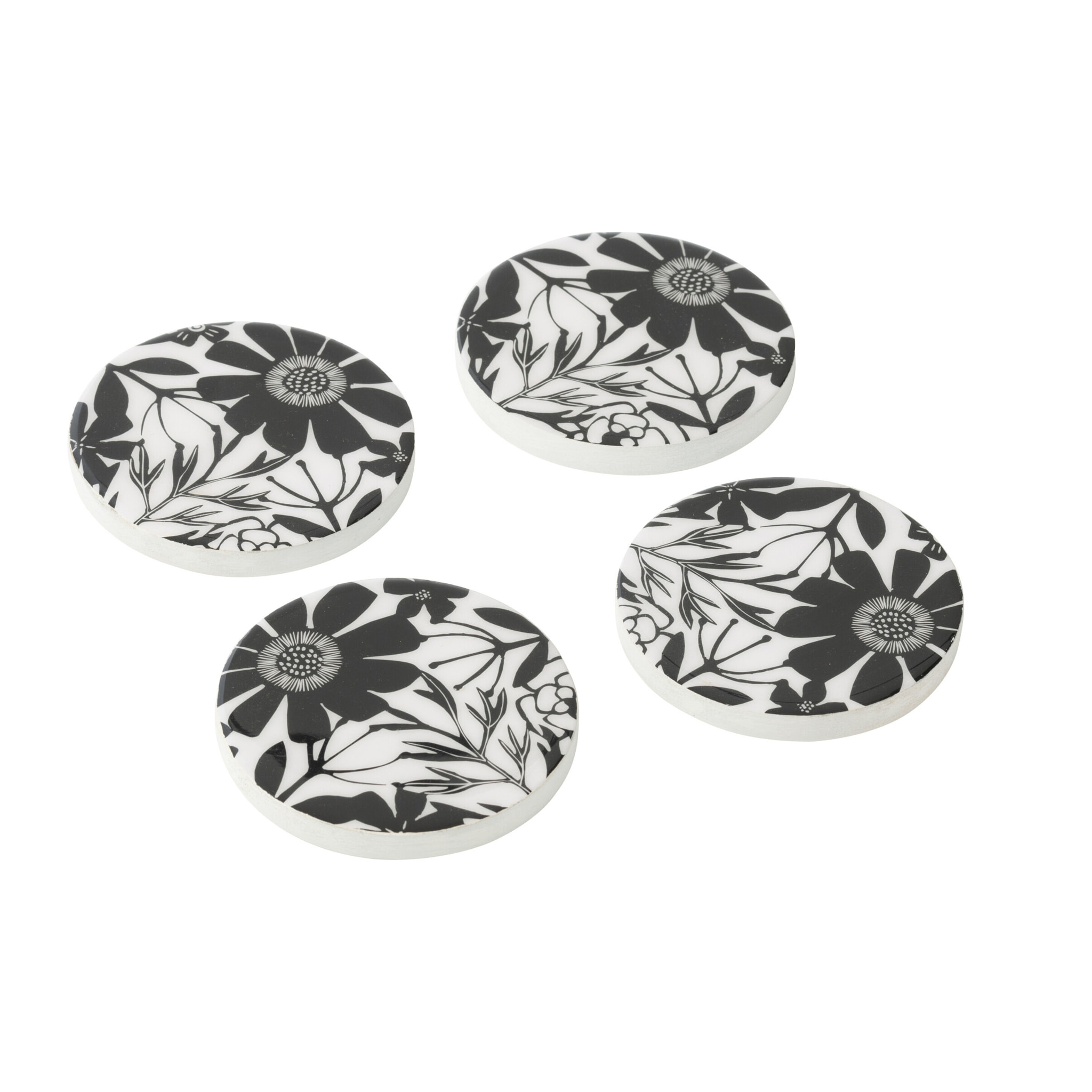 J-Line dessous de verre Fleurs - bois - noir/blanc - set de 4