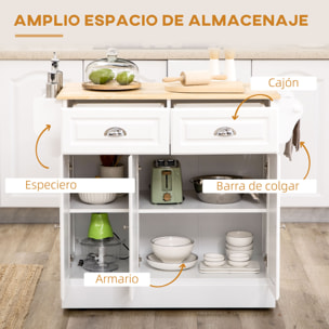 Isla de Cocina Carro de Cocina con Ruedas Carro Multiusos con 2 Cajones 3 Puertas Toallero y Estante para Especias para Comedor 110x45x89 cm Blanco