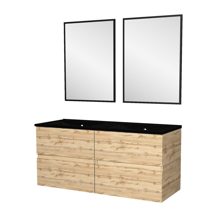 Meuble Salle de Bains 120cm 4 Tiroirs Chêne Naturel + Vasque Noire et Miroirs rectangulaires