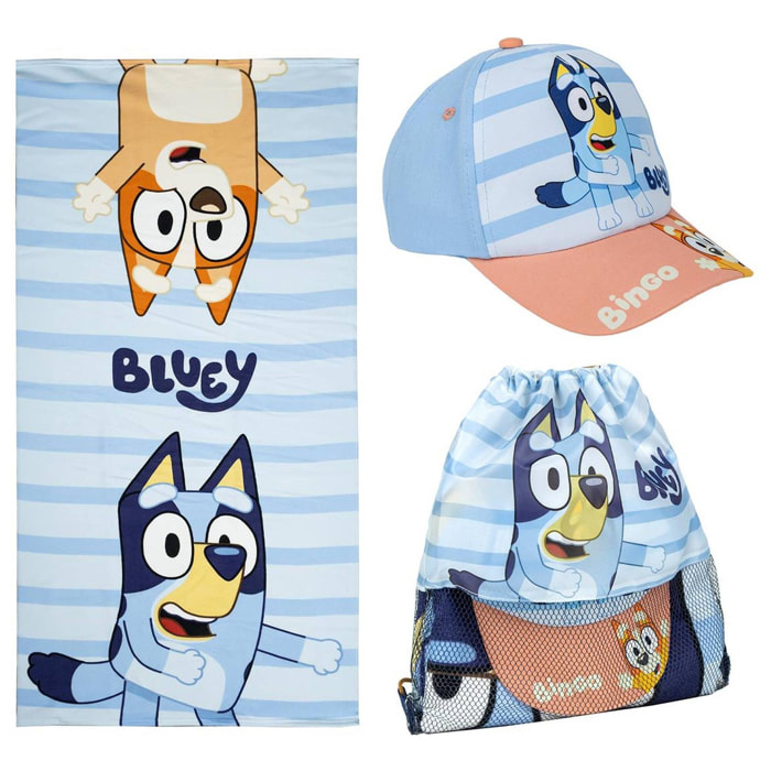 Set infantil de bluey - color azul y marrón - incluye saquito de tela, toalla y gorra - estampado de bluey y bingo