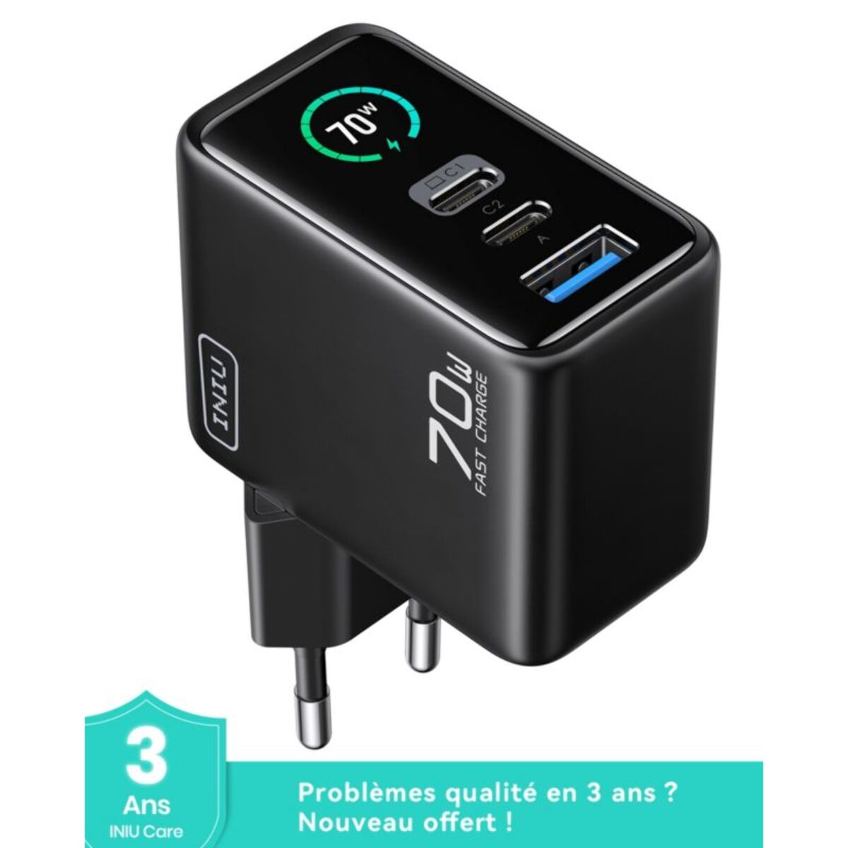 Chargeur INIU 70W Leopard 2 USB-C + USB-A noir