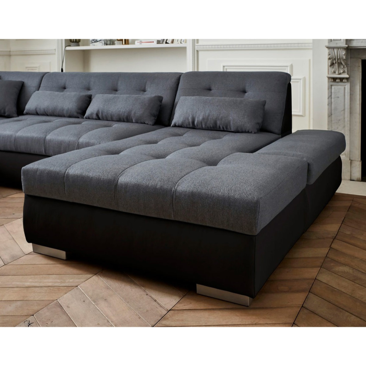 Vermont - canapé panoramique d'angle gauche - 7 places - XXL - Noir / Gris