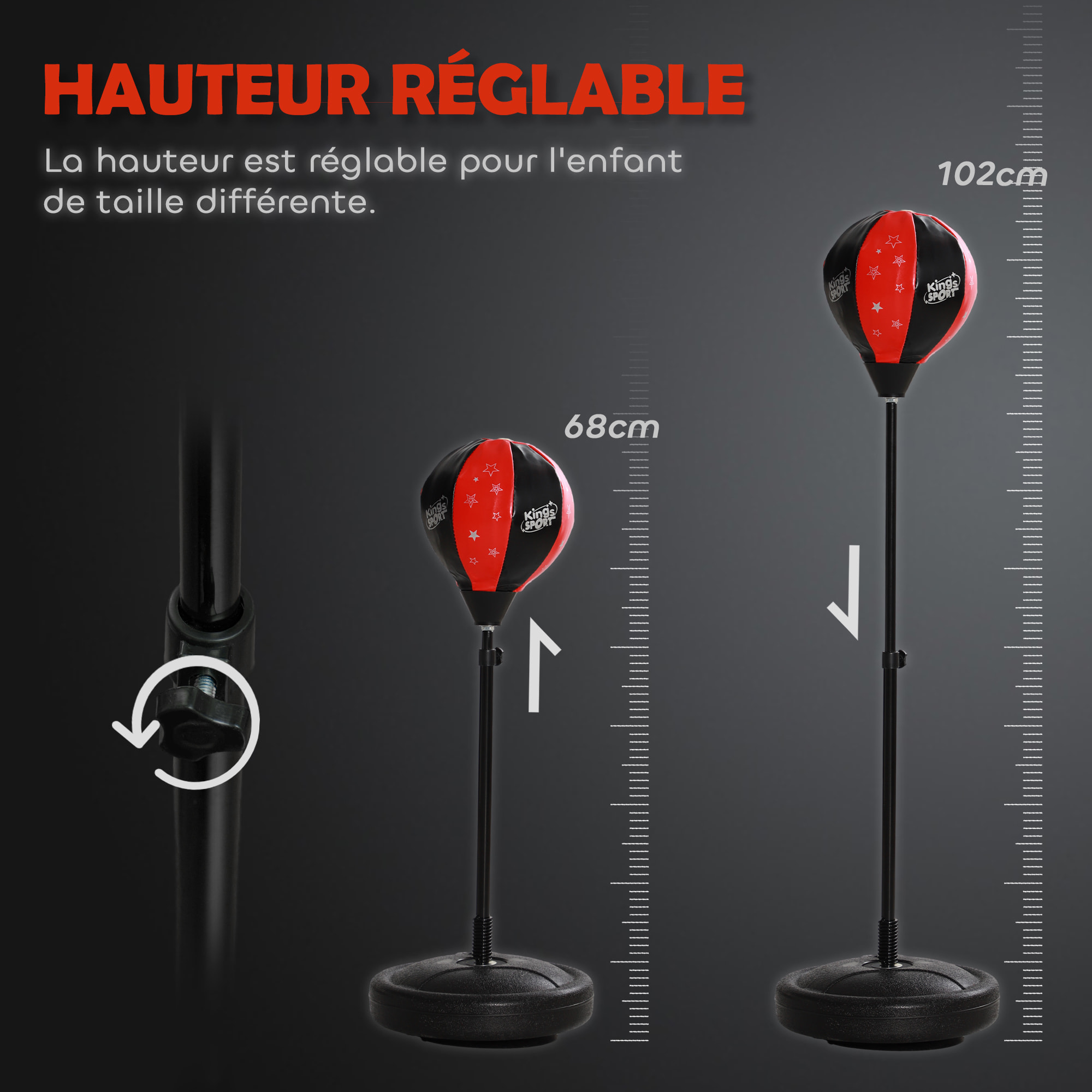 Punching ball enfant - sac de frappe enfant - hauteur réglable - base lestage, pompe, 2 gants inclus - rouge noir