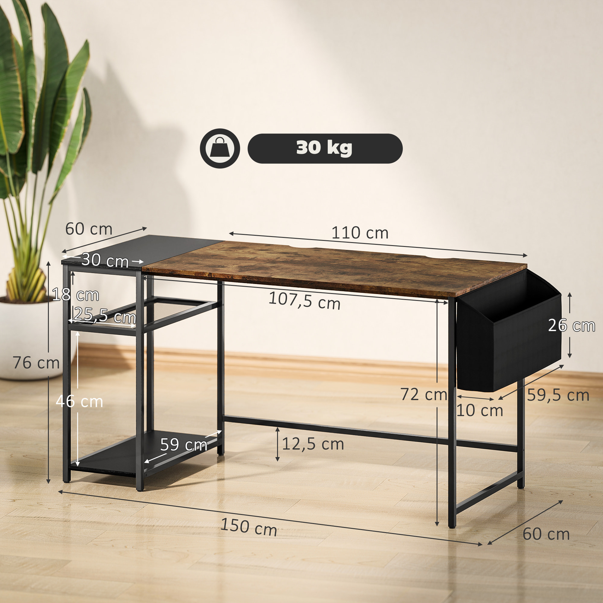 Bureau informatique style industriel dim. 150 x 60 cm - 3 étagères, panier - métal noir effet bois vieilli