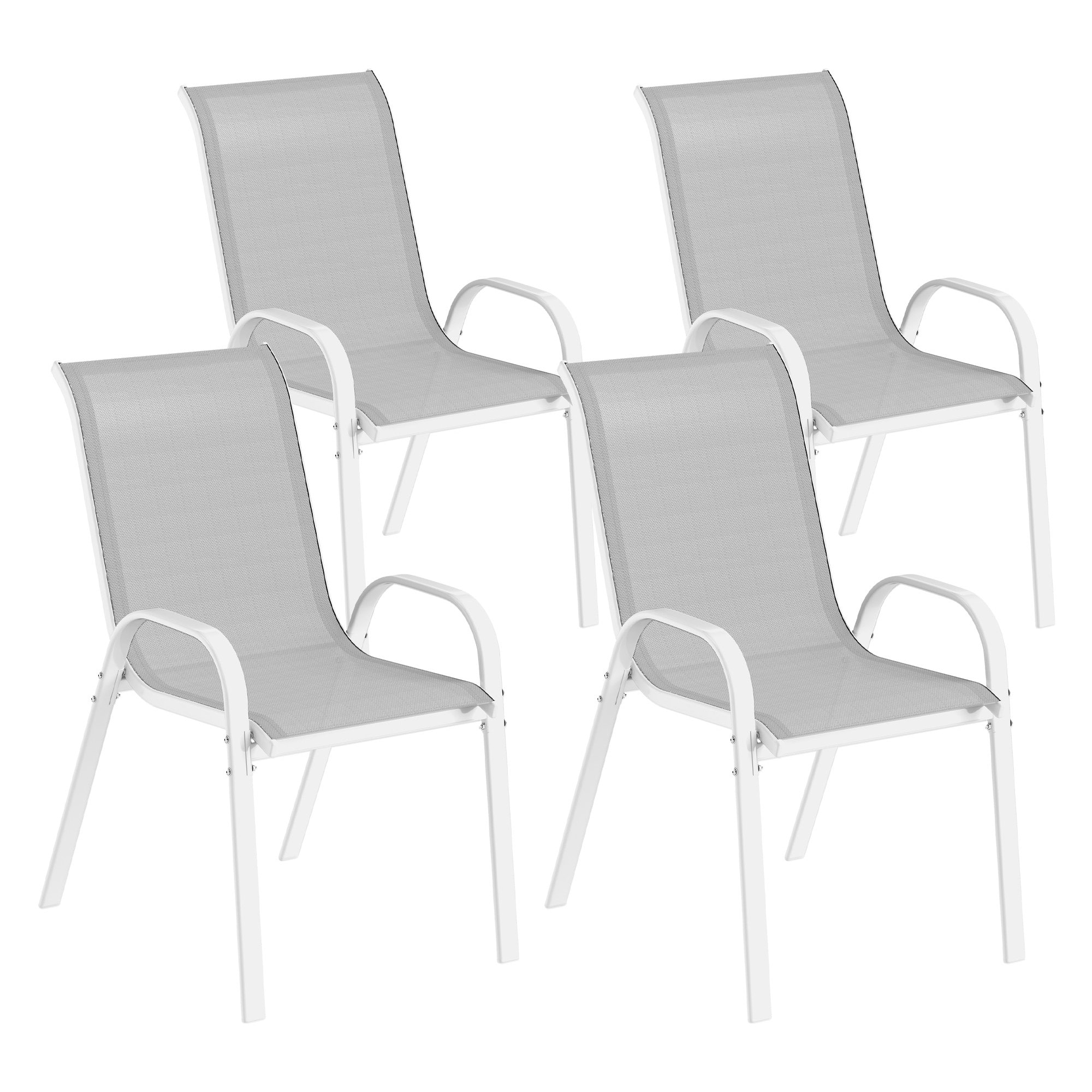 Juego de 4 Sillas de Jardín Exterior Sillas Terraza Exterior Apilables Sillas de Jardín con Tela Transpirable Marco de Acero Reposabrazos y Respaldo 54x71x93 cm Gris y Blanco