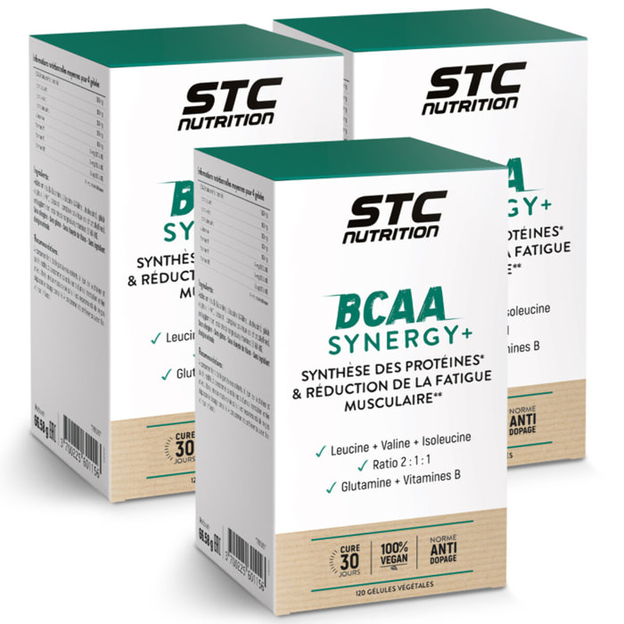STC NUTRITION - BCAA Synergy+ - Complément alimentaire riche en acides aminés branchés - Augmente la résistance à l'effort - Réduit la fatigue musculaire - Limite les courbatures - Lot de 3 produits