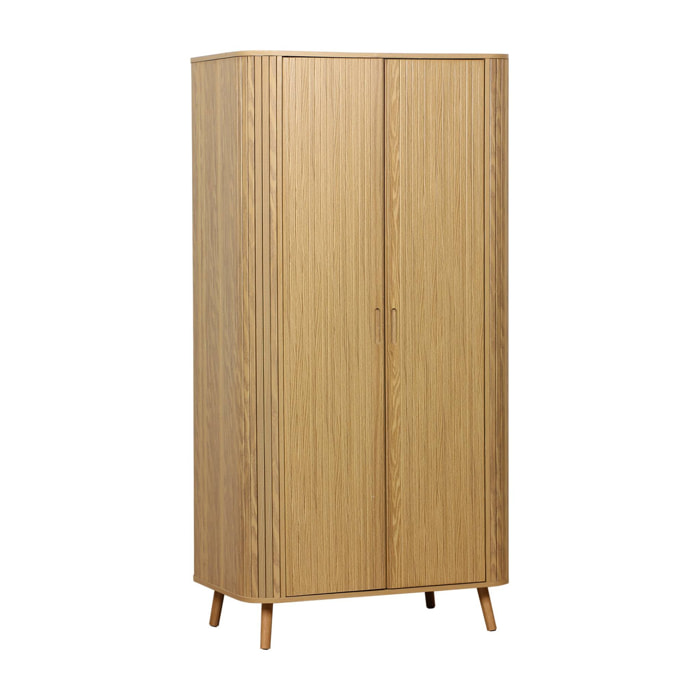 Armoire 2 portes effet bois rainuré avec étagère et penderie. L 90 x P 60 x H 180cm