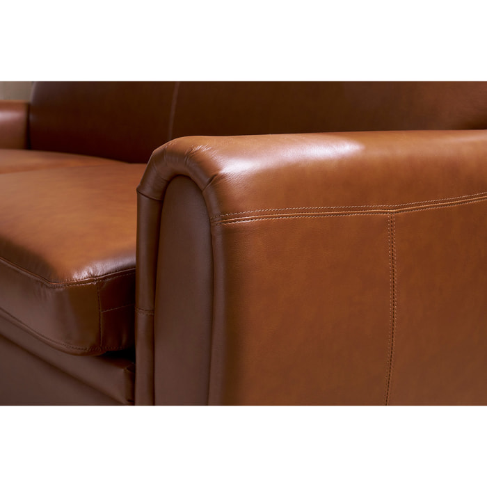 Canapé convertible vintage 3 places cuir marron et bois noir avec matelas 9 cm CLUB