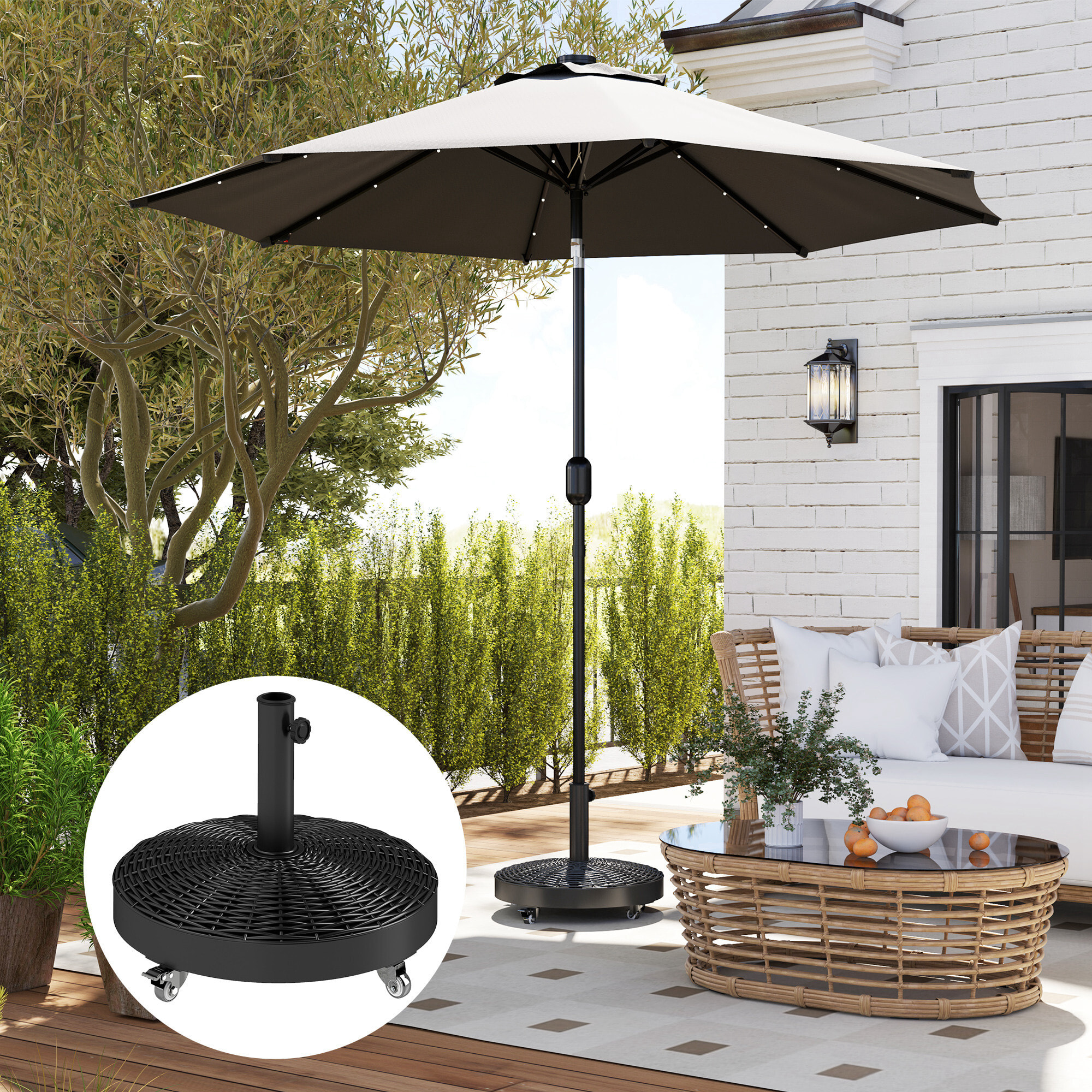 Base para Sombrilla Redonda Soporte para Parasol con Ruedas Pie para Sombrilla con Relleno de Cemento Peso 25 kg para Jardín Terraza Negro