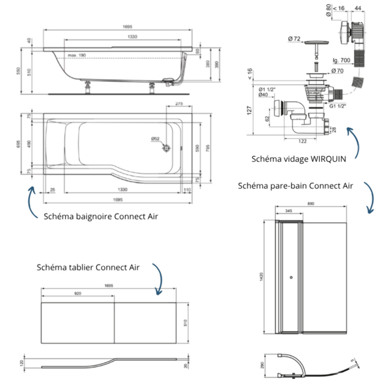Pack baignoire bain douche 170 x 80 cm droite Connect Air + tablier + pare bain avec volet  + pieds + vidage Doré