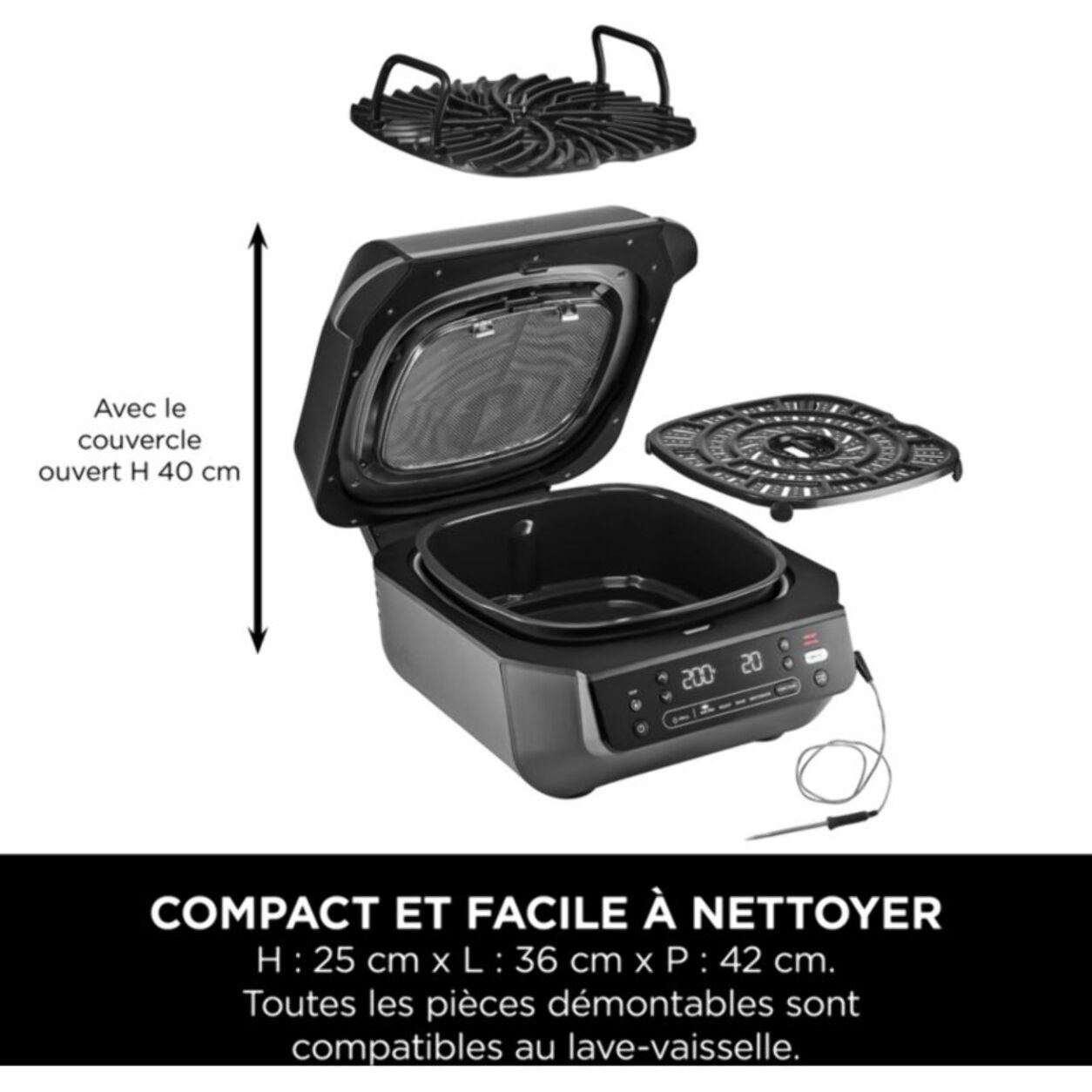 Grille-viande NINJA Foodi Air Grill  EG351 gris thermosonde à poser, 25.5x24.5 cm