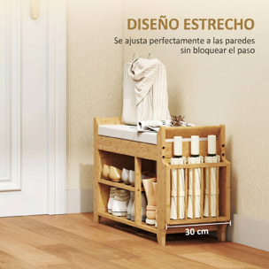 Banco Zapatero, Banco Recibidor con Asiento Acolchado, Almacenamiento Lateral, Estante para Botas, Marco de Bambú, para Entrada, Pasillo, Salón, 80x30x50 cm, Natural y Beige