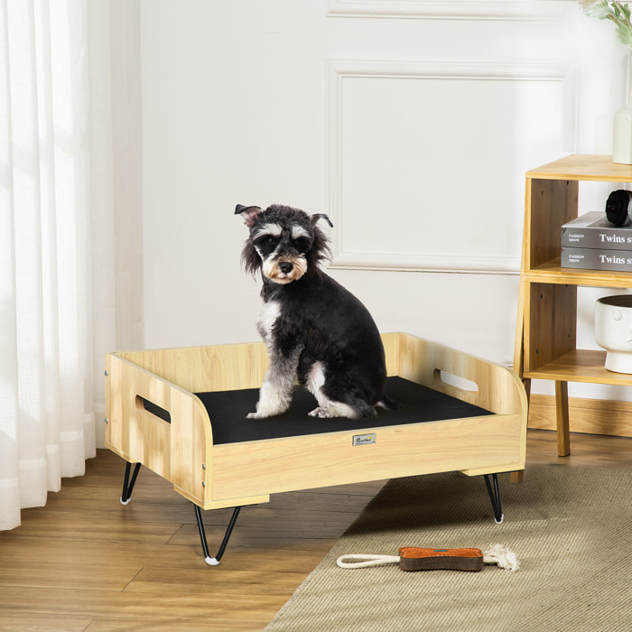 Cama de Madera para Perros Gatos Cama Cesta para Mascotas Pequeñas con Cojín Acolchado Asas y Patas de Acero 70x45x32 cm Roble y Negro