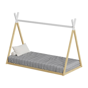 Lit Tipi 90 x 190 cm, couleur Blanc & Bois, En Bois de Pin Naturel, Robustesse et Durabilité, Stimule l'Imagination des Enfants
