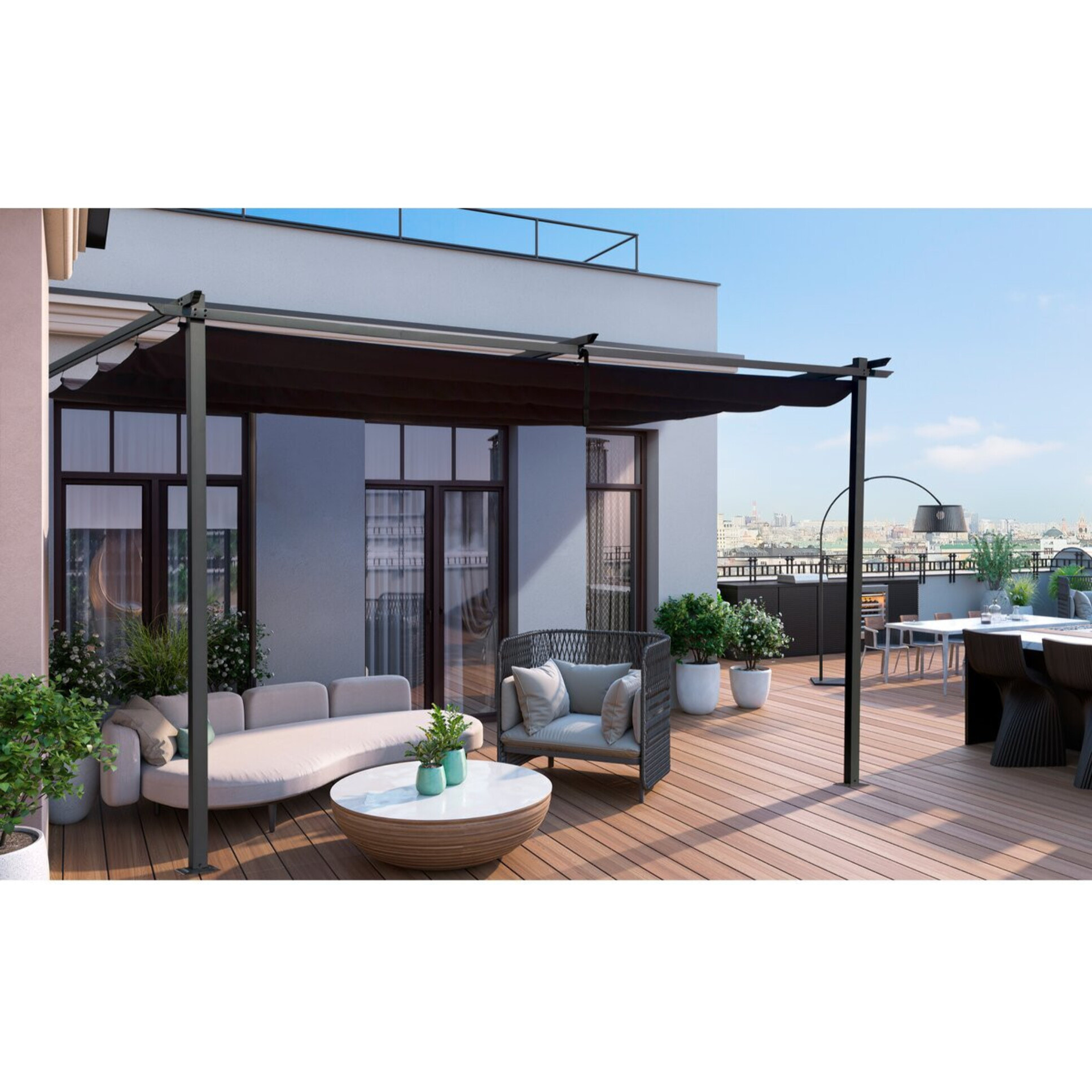 Pergola adossée en métal avec toit rétractable -  3 x 4 m - Gris anthracite