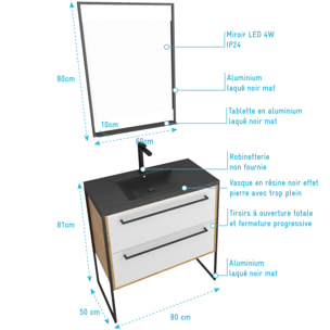Meuble de salle de bain 80x50cm - vasque noir effet pierre 80x50cm - 2 tiroirs - miroir led