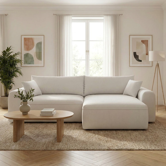 Canapé d'angle convertible beige 4 places tissu bouclé + coffre OLIZE
