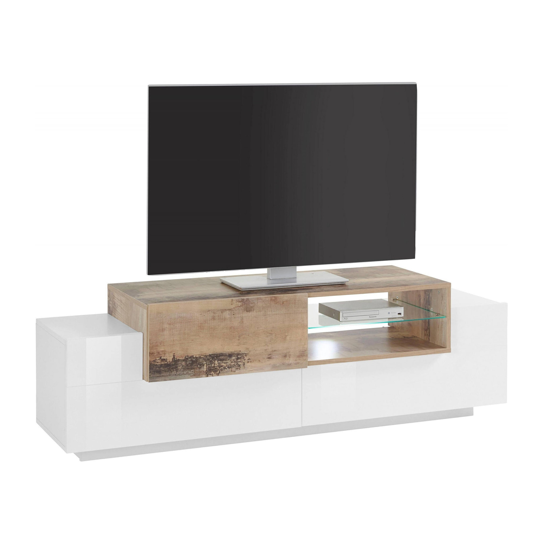 Mobile da soggiorno Porta TV, Made in Italy, Supporto per TV da salotto a 3 ante, cm 160x45h51, colore Bianco lucido e Acero