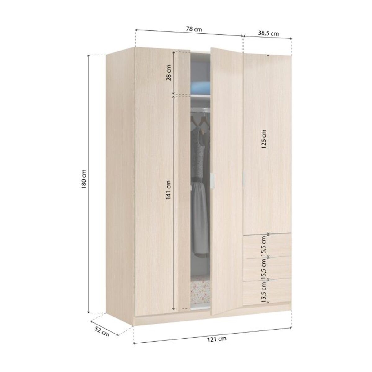 Armario Hexa 3 puertas 3 cajones Roble