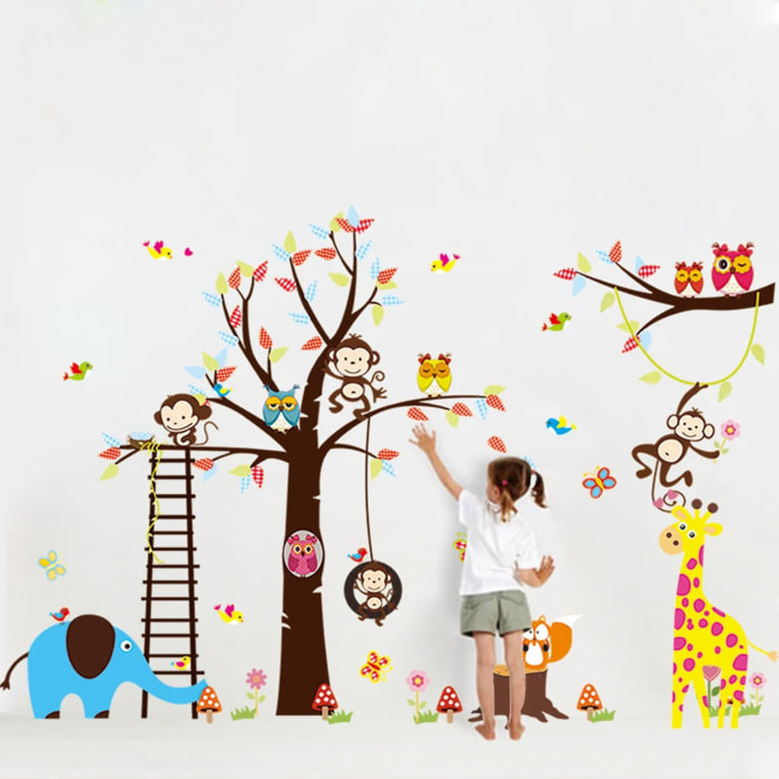 Sticker mural - Ambiance Sticker - Géant enfant - Arbre singe girafe et oiseaux