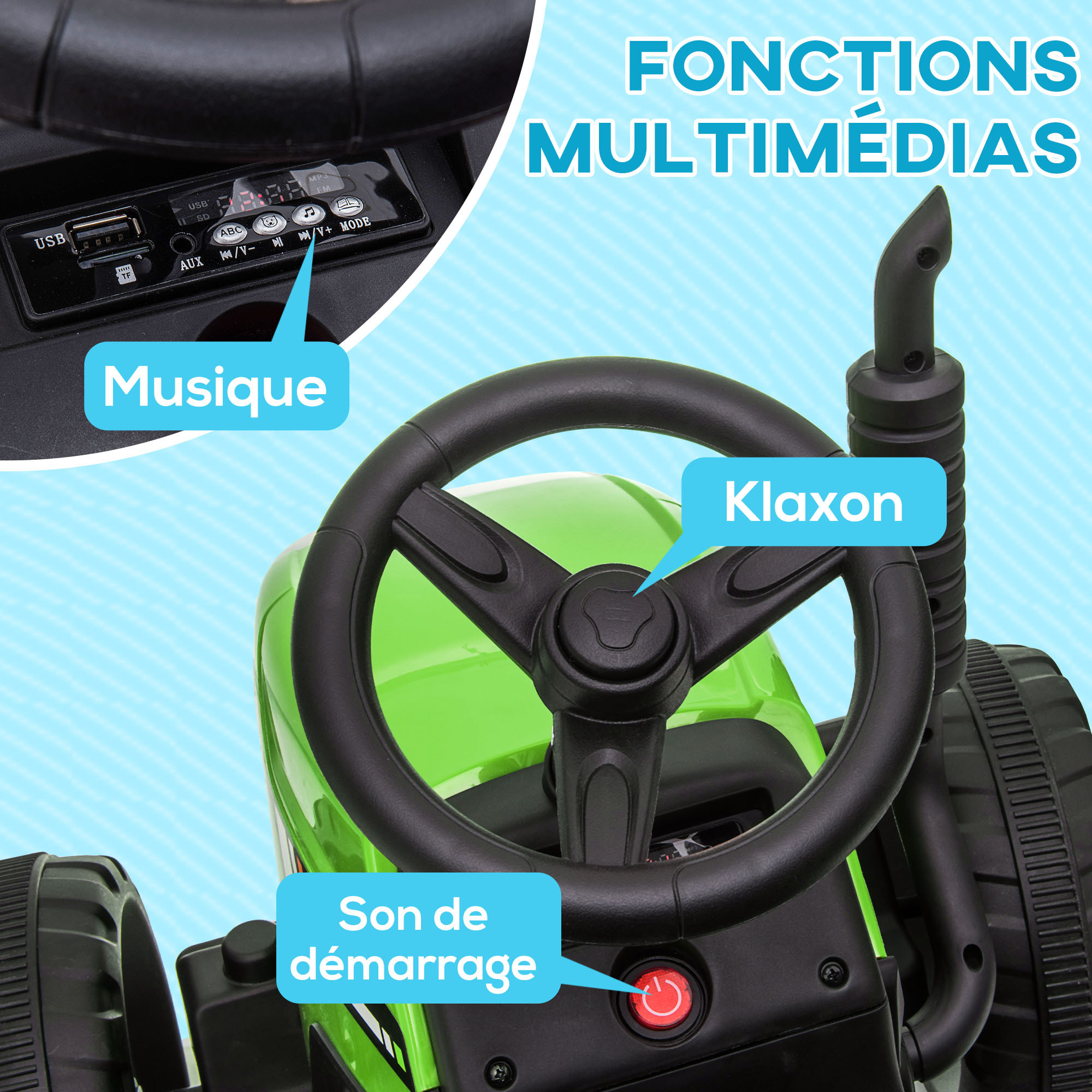 Tracteur électrique enfant avec remorque - effets sonores lumineux - télécommande - 3-6 Km/h - vert