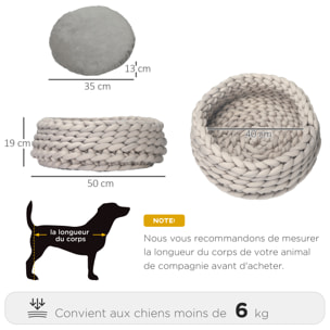 Panier pour chien chat Ø50 x 19H cm effet tressé tricot - coussin amovible et lavable en machine - polyester gris