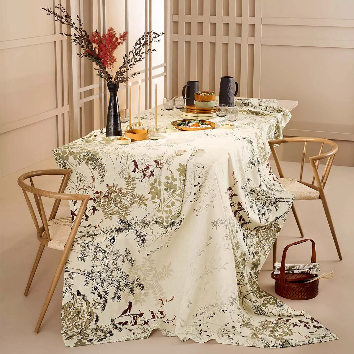 Chemin de table lin & coton lavé 150 g/m² imprimé beige Bambous parchemin