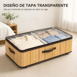 Juego de 2 Cajas de Almacenaje Bajo Cama con Ruedas, 60L, Organizador Zapatos Debajo Cama de Bambú con Tapa Transparente y Asa, Marco Metálico, para Zapatos, Mantas, Juguetes, Natural