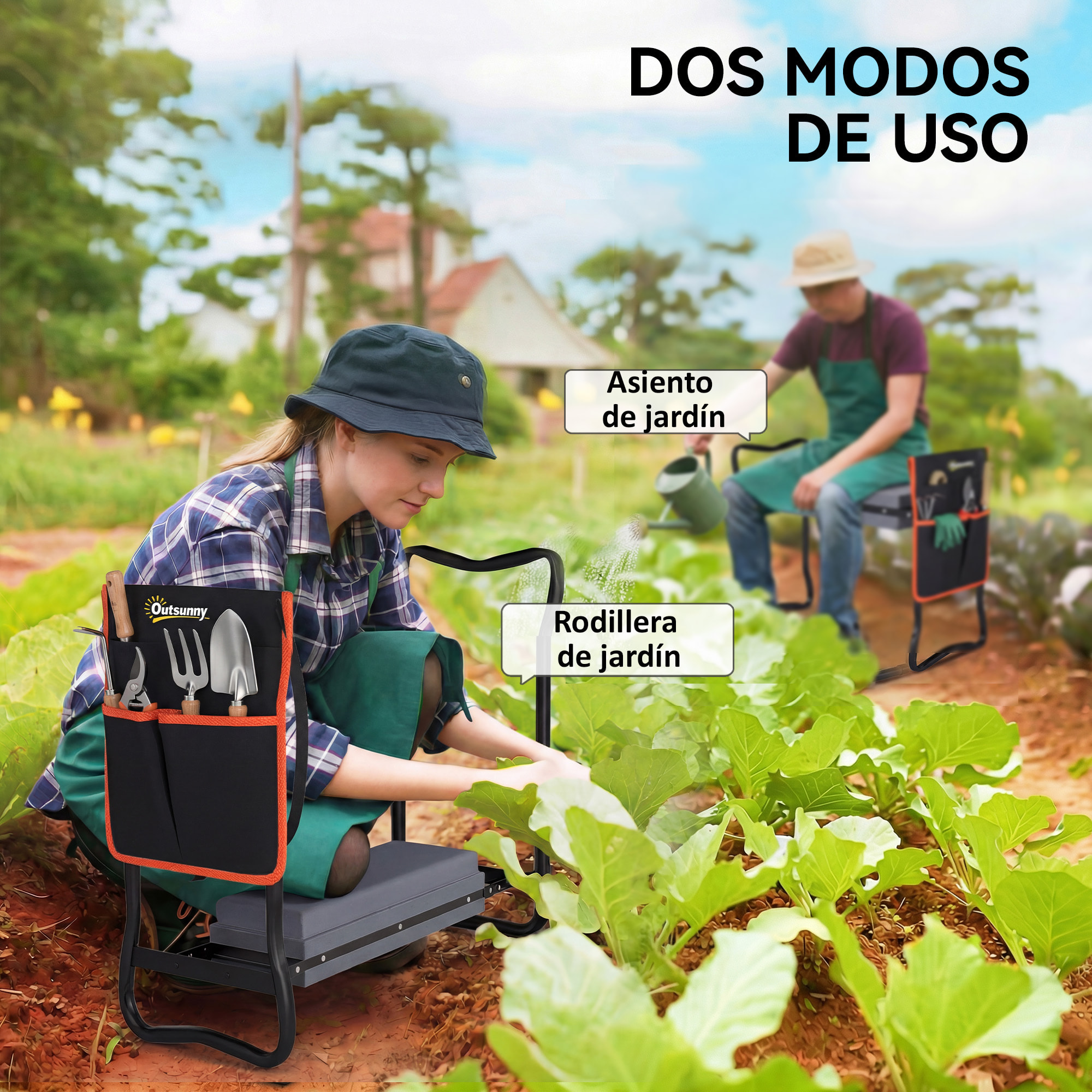 Taburete de Jardín Plegable con Almohadilla de Espuma EVA, Asiento de Jardín Portátil con Bolsa para Herramientas en Cintura, Carga 150 kg, Regalo para Jardineros, Ancianos, Negro